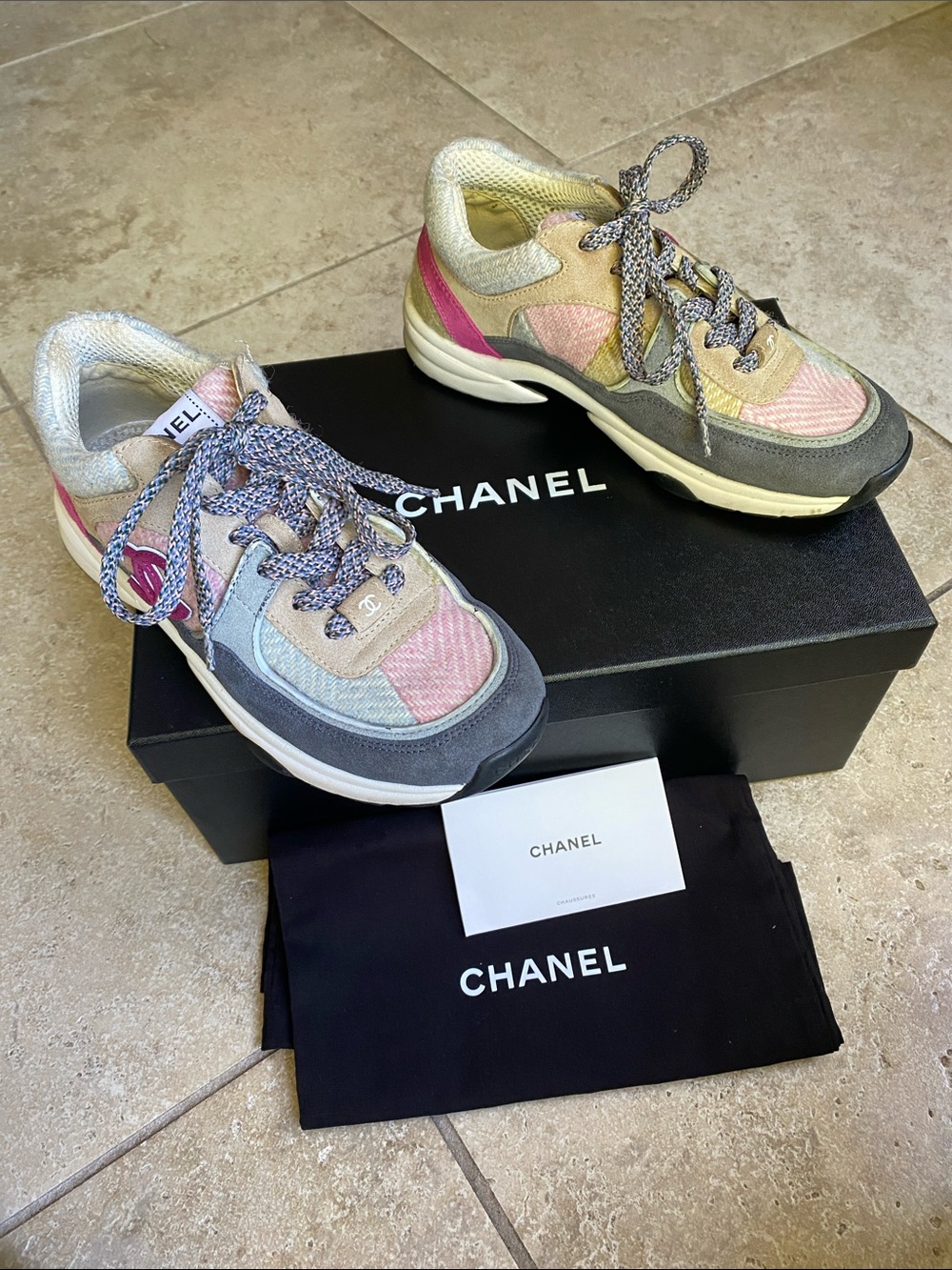 CHANEL 22K Multicolor Pastel Panel Low-Top Sneakers